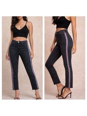 Mother Denim High Waisted Looker Ankle Fray Jeans Guilty Glitter Racer" Stripe
